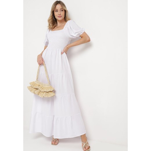 Biała  Rozkloszowana Sukienka z Gumką w Talii i Bufiastymi Rękawami Evulla ze sklepu Born2be Odzież w kategorii Sukienki - zdjęcie 171200284