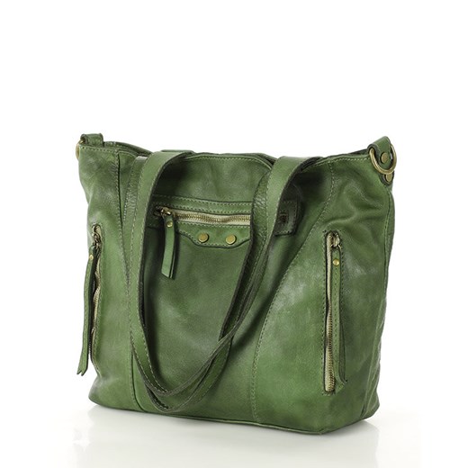 Torebka vintage na ramię z trzema kieszeniami skóra naturalna - MARCO MAZZINI zielona ze sklepu Verostilo w kategorii Torby Shopper bag - zdjęcie 171204004