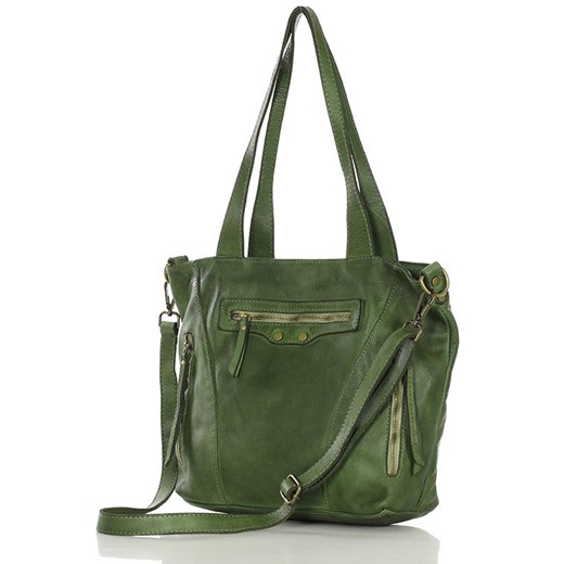 Torebka vintage na ramię z trzema kieszeniami skóra naturalna - MARCO MAZZINI zielona ze sklepu Verostilo w kategorii Torby Shopper bag - zdjęcie 171204010