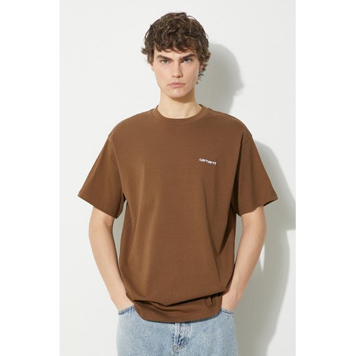 Carhartt WIP t-shirt bawełniany S/S Script Embroidery T-Shirt męski kolor brązowy gładki I030435.22UXX ze sklepu PRM w kategorii T-shirty męskie - zdjęcie 171220870