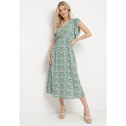 Zielona Sukienka Bawełniana z Gumką w Talii i Mozaikowym Wzorem Indaria ze sklepu Born2be Odzież w kategorii Sukienki - zdjęcie 171224510