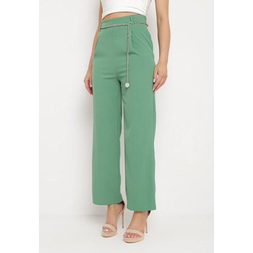 Zielone Szerokie Spodnie Zapinane z boku na Suwak z Ozdobnym Łańcuchem Grazioso ze sklepu Born2be Odzież w kategorii Spodnie damskie - zdjęcie 171224641