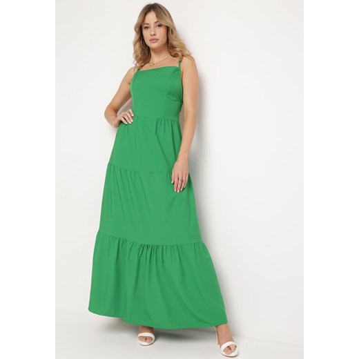Zielona Rozkloszowana Sukienka na Ramiączkach Zawiązywana z Tyłu z Elastyczną Gumką w Talii Grililena ze sklepu Born2be Odzież w kategorii Sukienki - zdjęcie 171224981