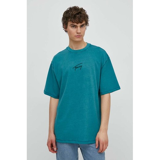 Tommy Jeans t-shirt bawełniany męski kolor turkusowy z aplikacją DM0DM18663 ze sklepu ANSWEAR.com w kategorii T-shirty męskie - zdjęcie 171228731