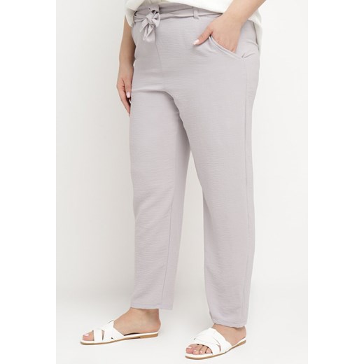 Jasnoszare Spodnie Regular Wiązane w Pasie w stylu Paperbag Tamburia ze sklepu Born2be Odzież w kategorii Spodnie damskie - zdjęcie 171229454
