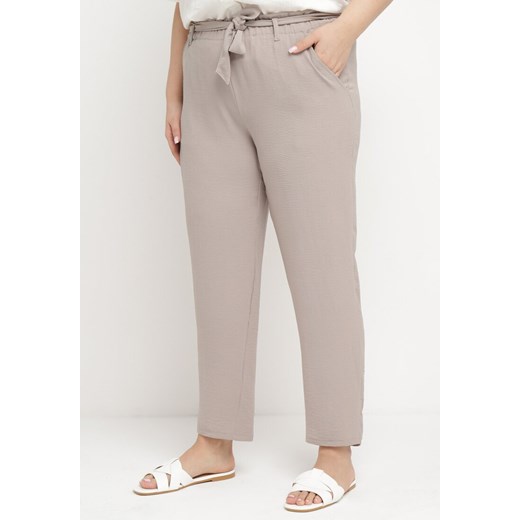 Szare Spodnie Regular Wiązane w Pasie w stylu Paperbag Tamburia ze sklepu Born2be Odzież w kategorii Spodnie damskie - zdjęcie 171229461