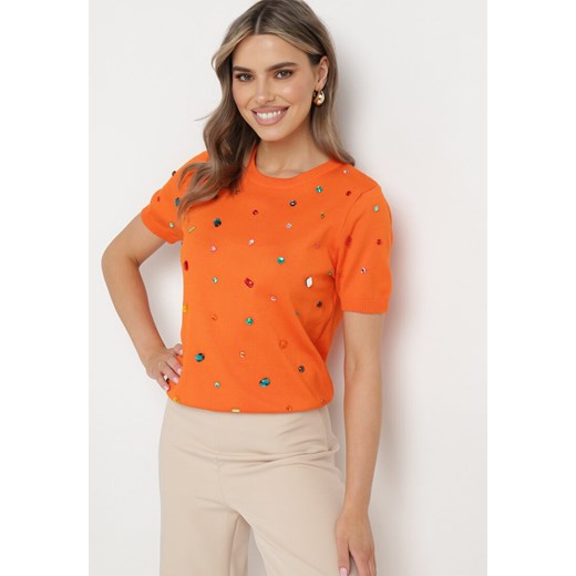 Pomarańczowy Wiskozowy T-shirt Ozdobiony Cyrkoniami Nililena ONE SIZE wyprzedaż Born2be Odzież