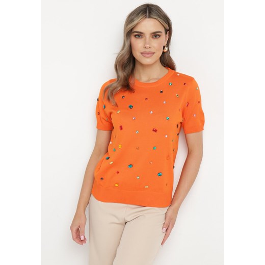 Pomarańczowy Wiskozowy T-shirt Ozdobiony Cyrkoniami Nililena ONE SIZE promocja Born2be Odzież