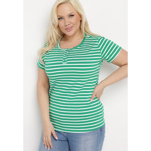 Zielona  Bawełniana Bluzka z Krótkim Rękawem i Dekoltem Zapinanym na Guziki XL promocja Born2be Odzież