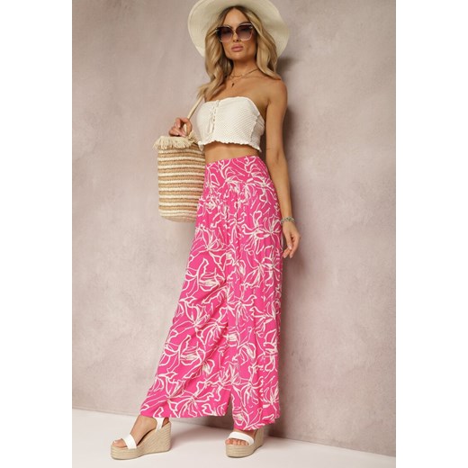 Różowe Spodnie Szerokie z Wiskozy High Waist w Kwiatowy Print Tepolla ze sklepu Renee odzież w kategorii Spodnie damskie - zdjęcie 171232310
