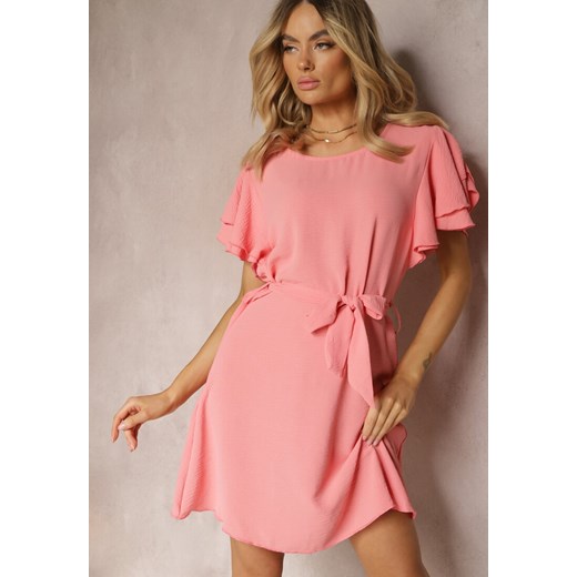 Różowa Sukienka Taliowana z Paskiem i Falbankami Rosetellia ze sklepu Renee odzież w kategorii Sukienki - zdjęcie 171232662