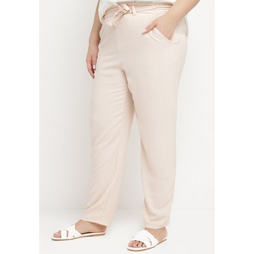 Jasnobeżowe Spodnie Regular Wiązane w Pasie w stylu Paperbag Tamburia ze sklepu Born2be Odzież w kategorii Spodnie damskie - zdjęcie 171233210
