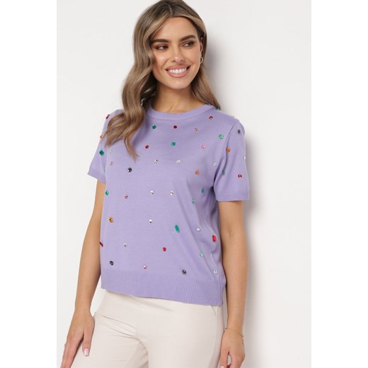 Fioletowy Wiskozowy T-shirt Ozdobiony Cyrkoniami Nililena ze sklepu Born2be Odzież w kategorii Bluzki damskie - zdjęcie 171233303