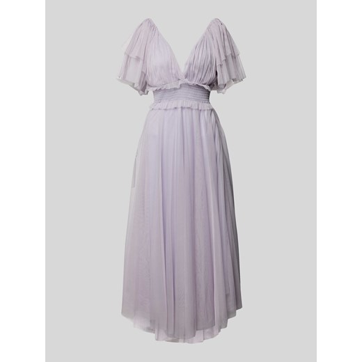 Sukienka Lace & Beads wieczorowa w serek fioletowa z krótkim rękawem z tiulu maxi 
