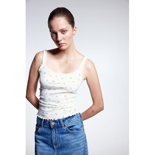 Bluzka damska biała H & M z okrągłym dekoltem z koronką z jerseyu 