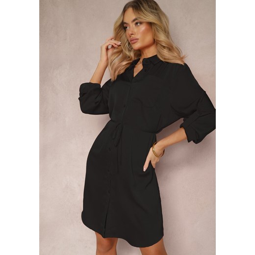Czarna Satynowa Sukienka Mini Koszulowa z Materiałowym Paskiem Gwineres ze sklepu Renee odzież w kategorii Sukienki - zdjęcie 171258490