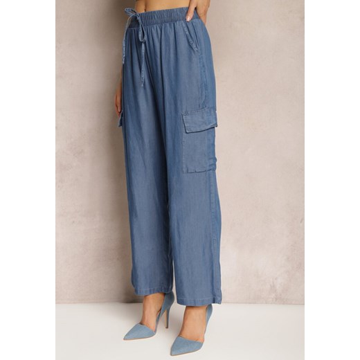Niebieskie Szerokie Spodnie z Bawełny z Kieszeniami Cargo i Gumką w Pasie Dantellia ze sklepu Renee odzież w kategorii Spodnie damskie - zdjęcie 171258622