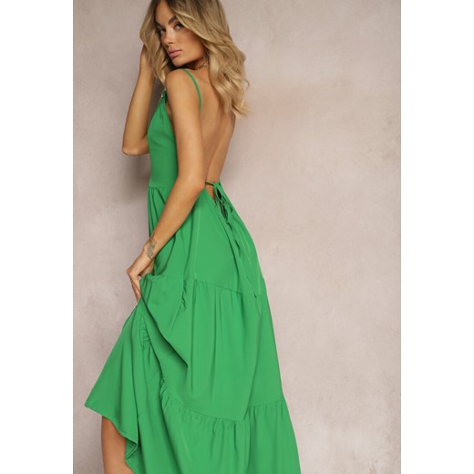 Zielona Sukienka o Rozkloszowanym Fasonie Wiązana i Wykończona Gumką z Tyłu Hililena ze sklepu Renee odzież w kategorii Sukienki - zdjęcie 171258694