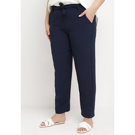 Granatowe Spodnie Regular Wiązane w Pasie w stylu Paperbag Tamburia ze sklepu Born2be Odzież w kategorii Spodnie damskie - zdjęcie 171258951