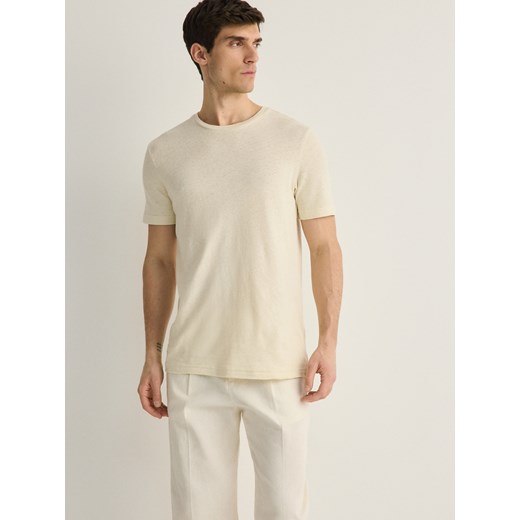 Reserved - T-shirt regular fit z lnem - beżowy ze sklepu Reserved w kategorii T-shirty męskie - zdjęcie 171261450