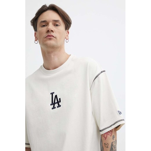 New Era t-shirt bawełniany męski kolor beżowy z nadrukiem LOS ANGELES DODGERS ze sklepu ANSWEAR.com w kategorii T-shirty męskie - zdjęcie 171263261