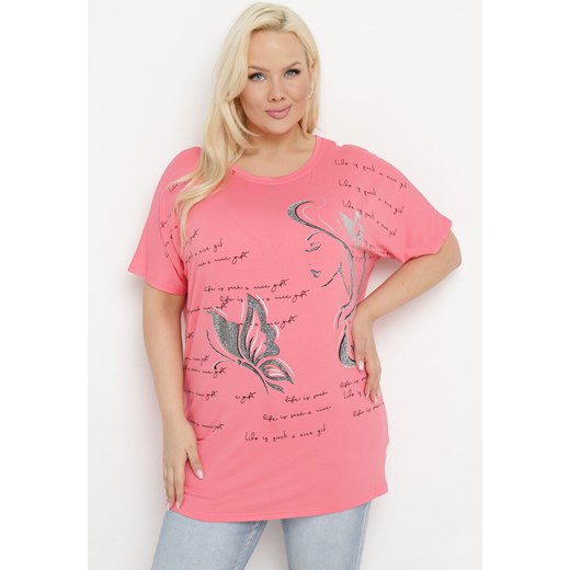 Różowy T-shirt Ozdobiony Cyrkoniami i Nadrukiem Wallilena ze sklepu Born2be Odzież w kategorii Bluzki damskie - zdjęcie 171267624