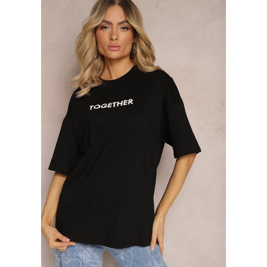 Czarna Koszulka T-shirt z Napisem z Przodu i Nadrukiem na Plecach Calussa Renee M okazja Renee odzież