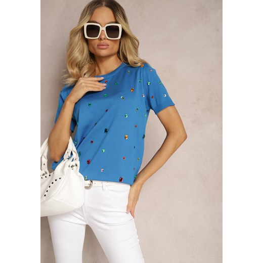 Niebieski T-shirt z Wiskozy z Cyrkoniami Olililena ze sklepu Renee odzież w kategorii Bluzki damskie - zdjęcie 171272143