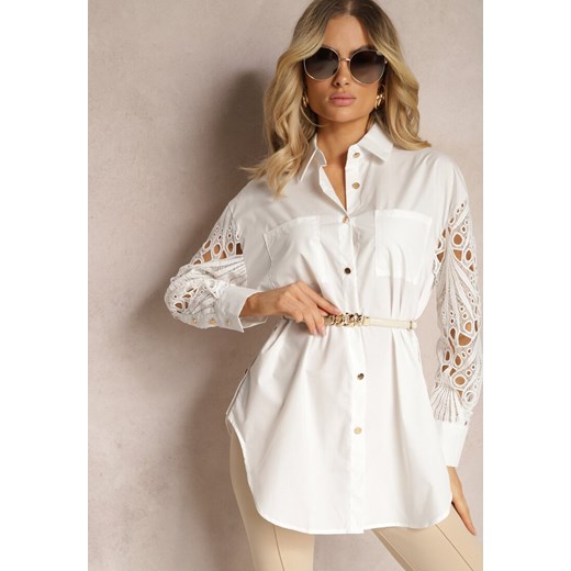 Biała Koszula o Luźnym Fasonie z Ażurowymi Wstawkami na Rękawach Nasira ze sklepu Renee odzież w kategorii Koszule damskie - zdjęcie 171272180