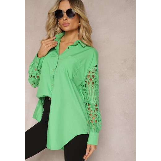 Zielona Koszula o Luźnym Fasonie z Ażurowymi Wstawkami na Rękawach Nasira ze sklepu Renee odzież w kategorii Koszule damskie - zdjęcie 171272202