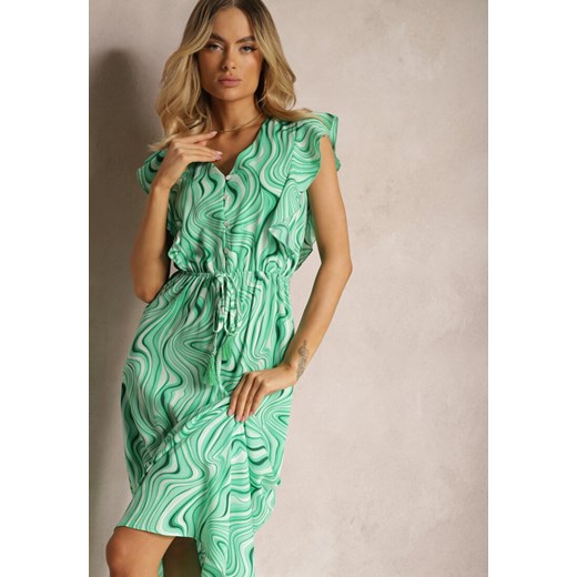 Jasnozielona Rozkloszowana Sukienka z Guzikami i Gumką w Talii Mottella ze sklepu Renee odzież w kategorii Sukienki - zdjęcie 171272402