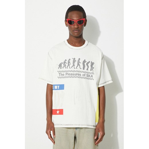 PLEASURES t-shirt bawełniany Evolution Heavyweight T-Shirt męski kolor beżowy z nadrukiem P24SP019.WHITE ze sklepu PRM w kategorii T-shirty męskie - zdjęcie 171299192