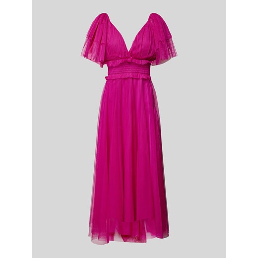 Lace & Beads sukienka różowa elegancka maxi z krótkim rękawem w serek 