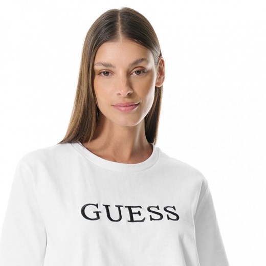 Bluzka damska biała Guess z krótkimi rękawami z okrągłym dekoltem z haftami 