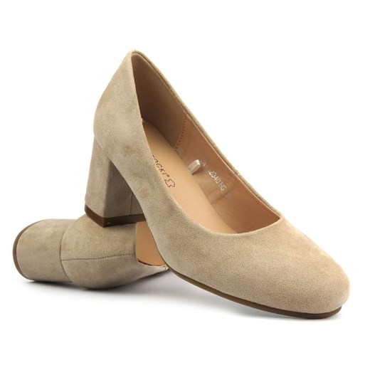 Eleganckie buty damskie na klocku - Potocki 24-12340, beżowe ze sklepu ulubioneobuwie w kategorii Czółenka - zdjęcie 171318553