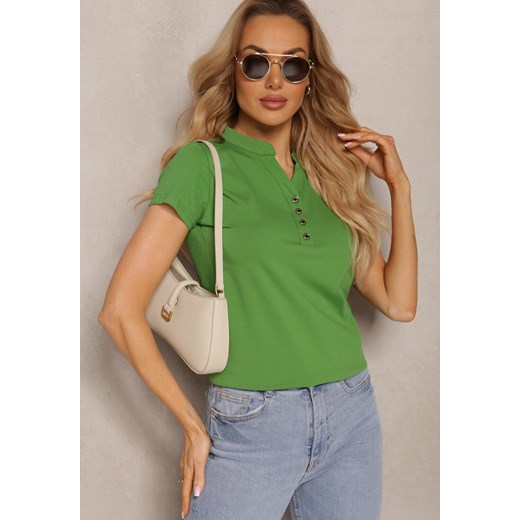 Zielony Bawełniany T-shirt z Guzikami przy Dekolcie  Wialina ze sklepu Renee odzież w kategorii Bluzki damskie - zdjęcie 171327760