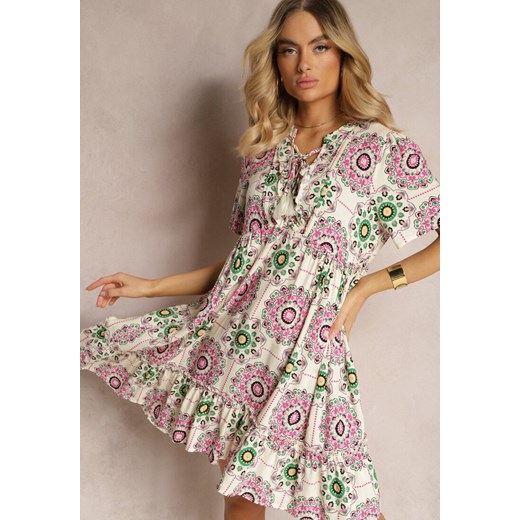 Różowo-Beżowa Sukienka z Wiskozowej Tkaniny w Mozaikowy Wzór Boho Naviera ze sklepu Renee odzież w kategorii Sukienki - zdjęcie 171327774