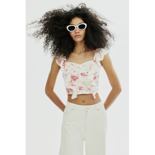 H & M - Krótka bluzka z domieszką lnu - Biały ze sklepu H&M w kategorii Bluzki damskie - zdjęcie 171337100