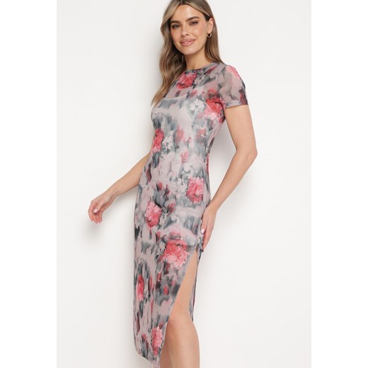 Różowa Prześwitująca Sukienka z Krótkim Rękawem i Nadrukiem Baham ze sklepu Born2be Odzież w kategorii Sukienki - zdjęcie 171349761