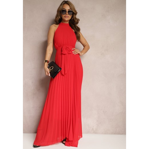 Czerwona Sukienka Maxi bez Rękawów z Gumką w Talii z Plisowanej Tkaniny Pesstia Renee ONE SIZE promocja Renee odzież