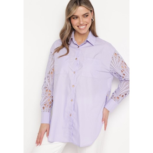 Fioletowa Koszula Oversize z Ażurowym Wzorem na Rękawach Vadena ze sklepu Born2be Odzież w kategorii Koszule damskie - zdjęcie 171358222