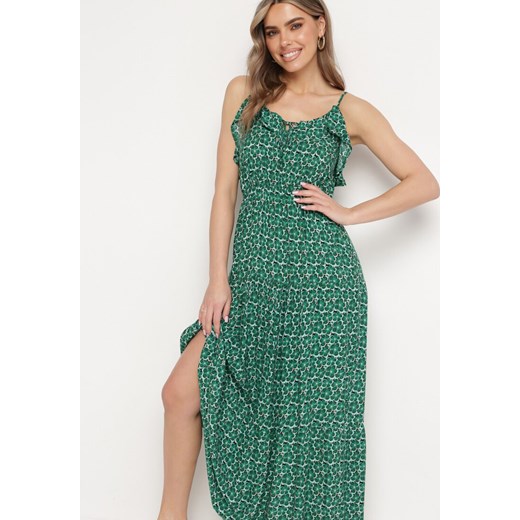 Zielona Wiskozowa Sukienka na Regulowanych Ramiączkach z Wiązaniem przy Dekolcie Srinesa ze sklepu Born2be Odzież w kategorii Sukienki - zdjęcie 171358490