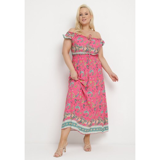 Różowa Sukienka na Lato Bawełniana Hiszpanka z Wzorem Paisley i Gumką w Pasie Vediana ze sklepu Born2be Odzież w kategorii Sukienki - zdjęcie 171358951