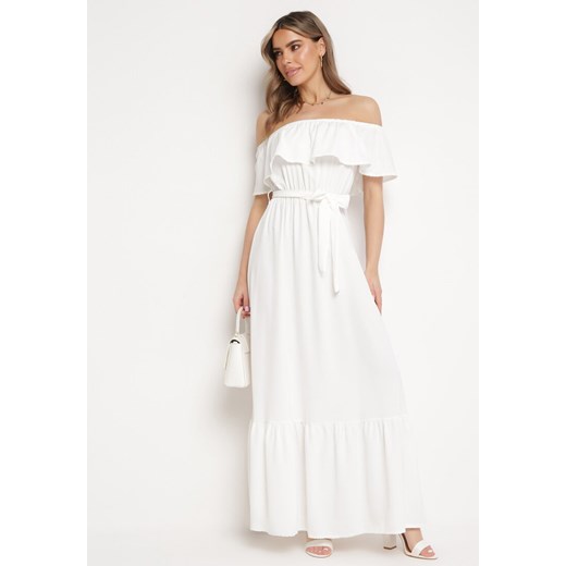 Biała Sukienka o Rozkloszowanym Fasonie z Hiszpańskim Dekoltem i Materiałowym Paskiem Nacara ze sklepu Born2be Odzież w kategorii Sukienki - zdjęcie 171359070