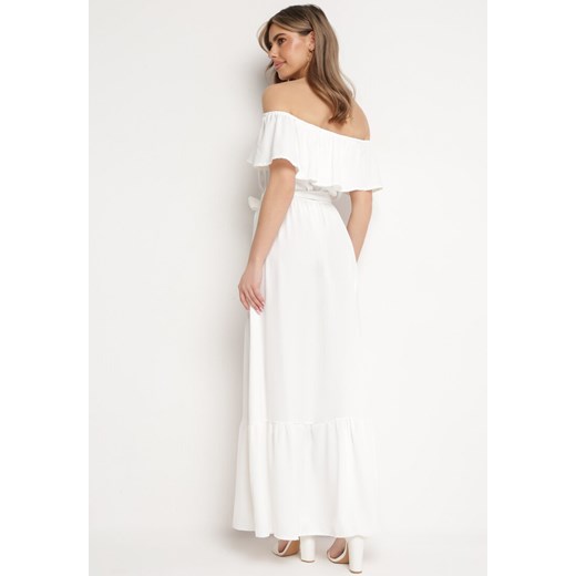 Biała sukienka Born2be elegancka na lato maxi z dekoltem typu hiszpanka 