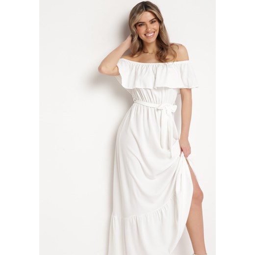 Sukienka biała Born2be elegancka maxi z krótkim rękawem z dekoltem typu hiszpanka 