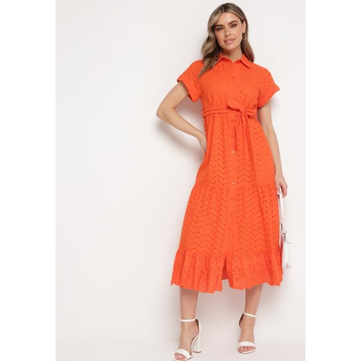 Pomarańczowa Sukienka Bawełniana z Ażurowym Wzorem i Wiązanym Paskiem Kelilena ze sklepu Born2be Odzież w kategorii Sukienki - zdjęcie 171359140