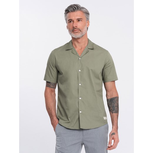 Koszula męska z krótkim rękawem i kubańskim kołnierzem - khaki V4 OM-SHSS-0168 ze sklepu ombre w kategorii Koszule męskie - zdjęcie 171360332