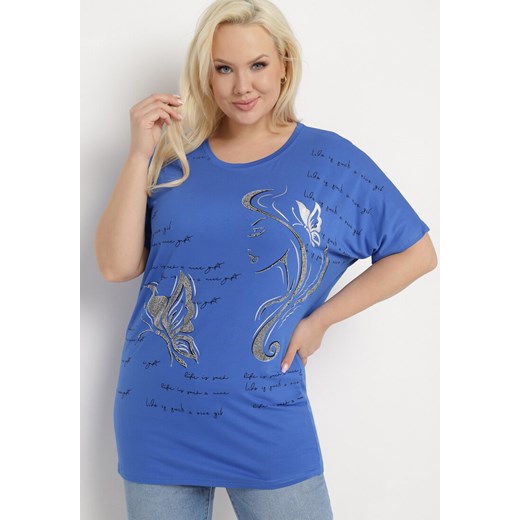 Granatowy T-shirt Ozdobiony Cyrkoniami i Nadrukiem Wallilena ze sklepu Born2be Odzież w kategorii Bluzki damskie - zdjęcie 171362403