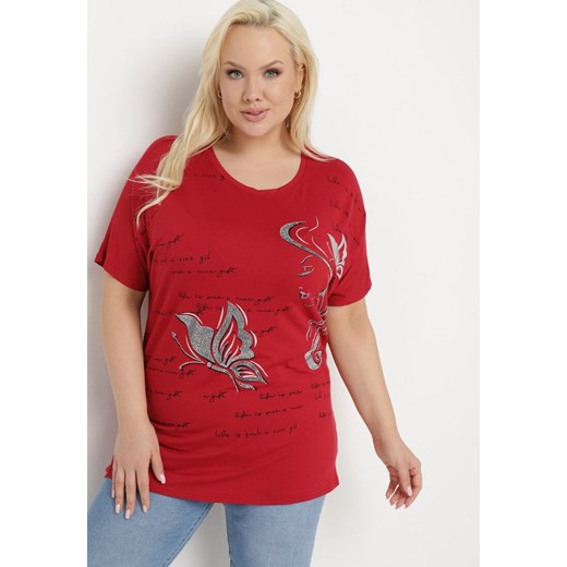 Bordowy T-shirt Ozdobiony Cyrkoniami i Nadrukiem Wallilena ze sklepu Born2be Odzież w kategorii Bluzki damskie - zdjęcie 171362410